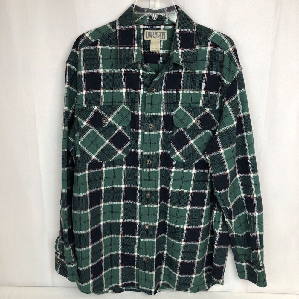 Duluth Trading Burley Heavy Weight Flannel Shirt Mens Large Green Blue Plaid